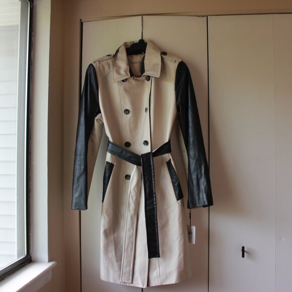 NWT Calvin Klein Trench Coat with Vegan Leather Contrast – Size L, Belted - Picture 4 of 16